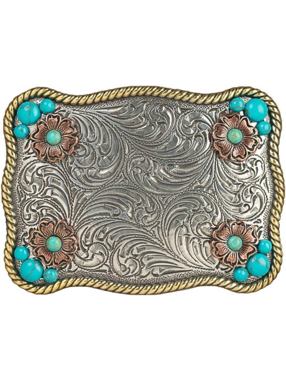 Turquoise Stone Flower Buckle with Scrolling Pattern & Rope Edge - Stylish